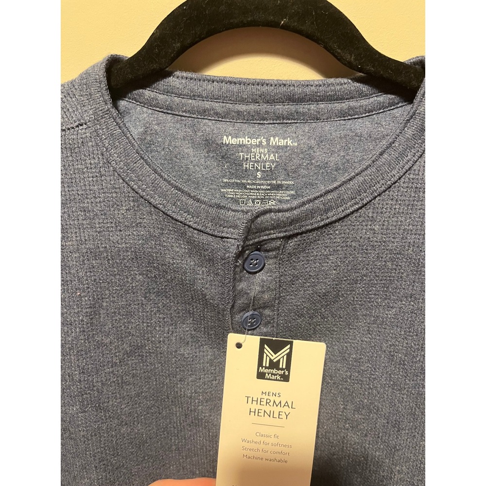 Member's Mark Mens Thermal Henley Shirt Blue Waffle Knit Long Sleeve Small NWT - Picture 2 of 4